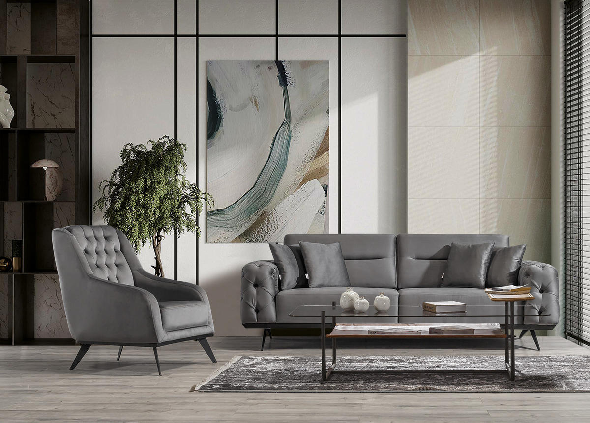 SITZGARNITUR Cuba Creme Stellvariante:2+1 - Grau, Holz (190/85/100cm) - Villa Möbel