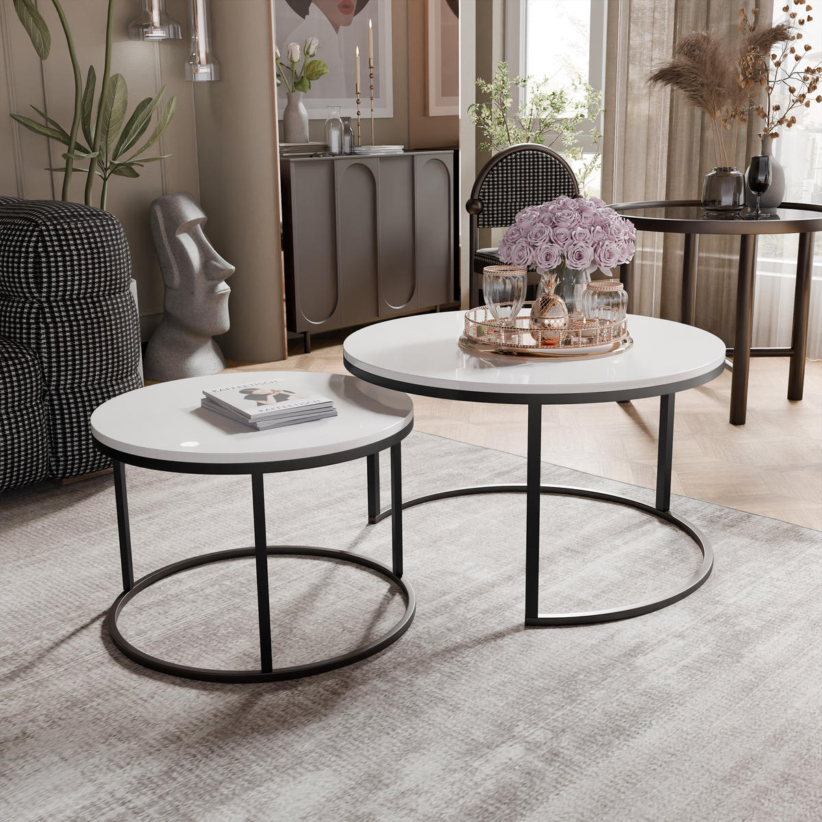 COUCHTISCH rund Groß, Weißglanz, Rahmen Schwarz - Weiß Hochglanz/Schwarz, Metall (80/80/48cm) - Idohome