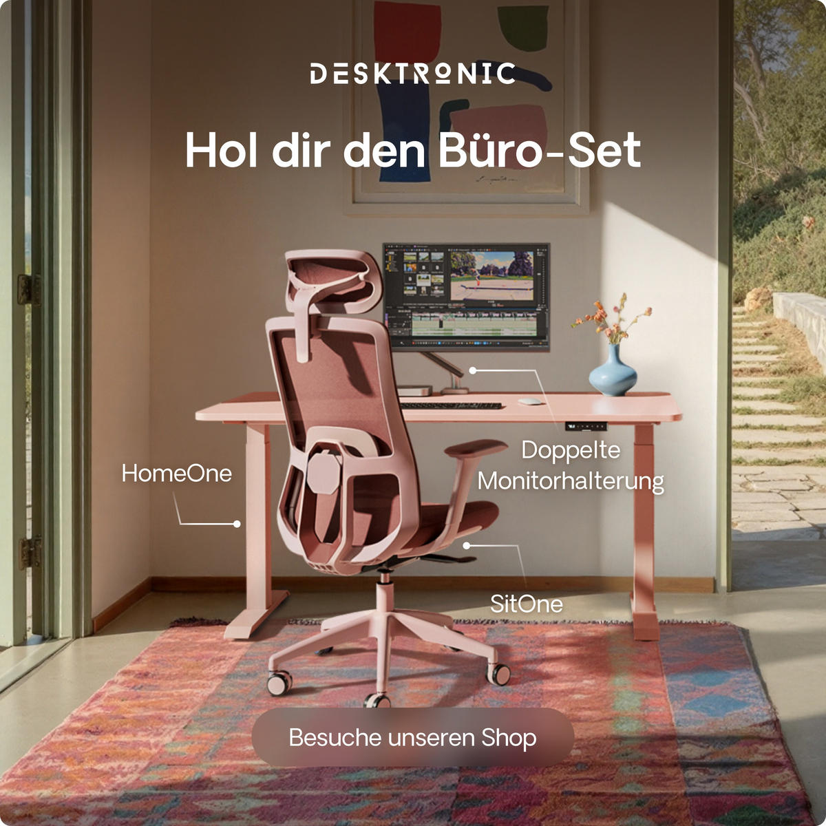 SCHREIBTISCH Elektrisch Höhenverstellbarer HomeOne 140x70cm Schwarz/Rosa mit Memory-Funktion, Anti-Kollisions Technologie - Pink/Schwarz, Holzwerkstoff (70/140/72cm) - Desktronic