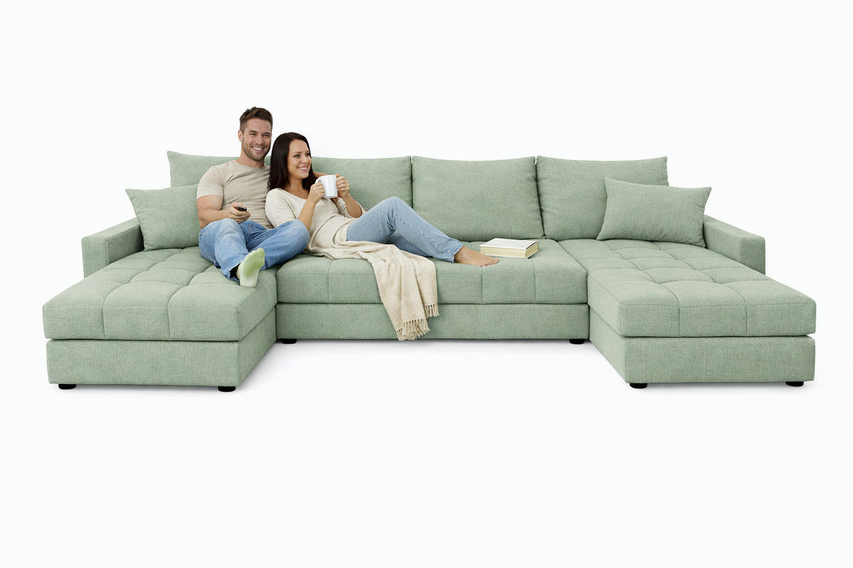 WOHNLANDSCHAFT AURELIA – Ecksofa in U-Form mit Schlaffunktion, Bettkasten & Kissen Stoff KRONOS 287 cm Grün - Hellgrün, Kunststoff (287/140cm) - Wohnideebilder