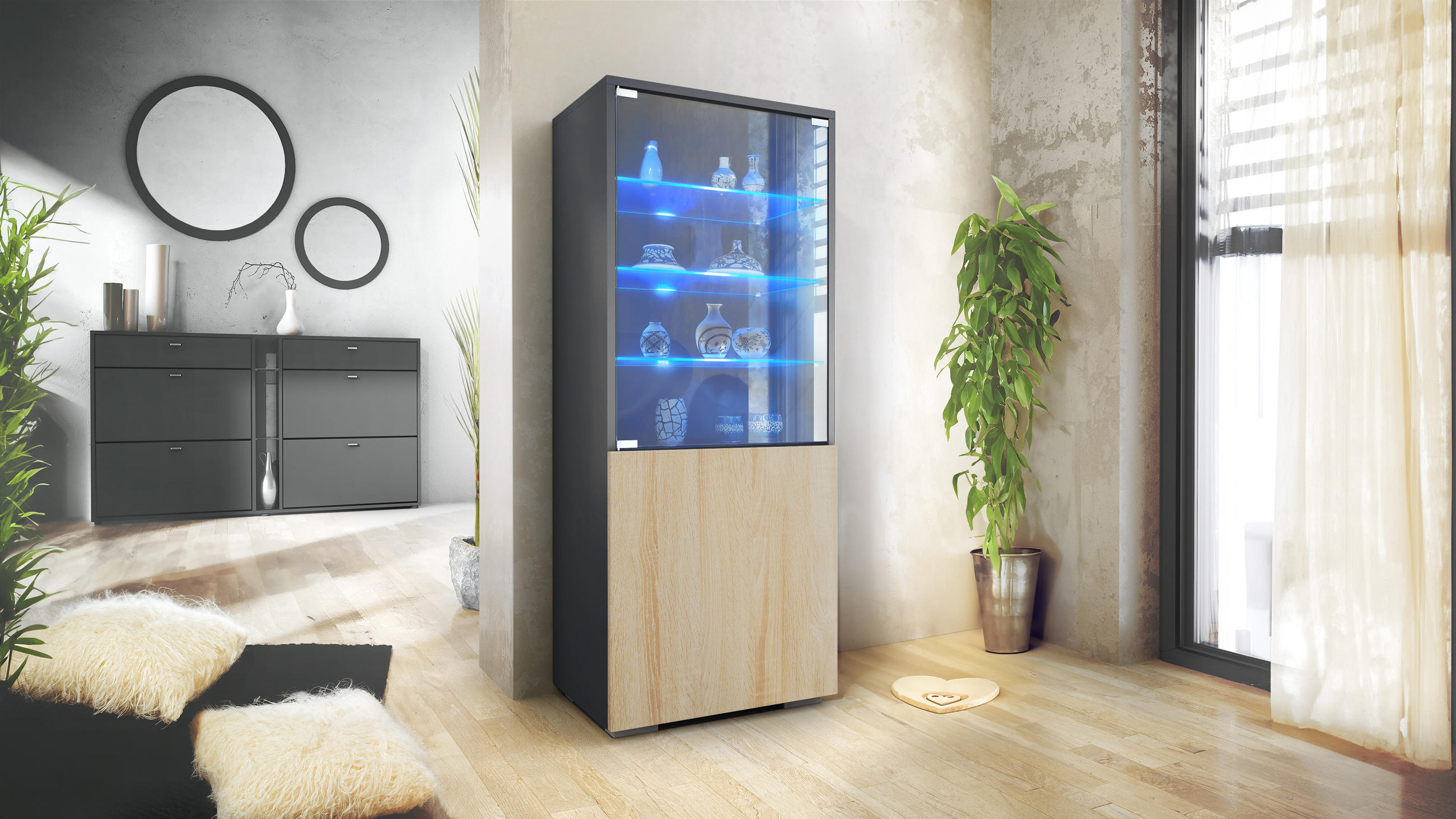 VITRINE Granada Eiche sägerau - Eiche San Remo, Holzwerkstoff (50/122.5/34.5cm) - Vladon