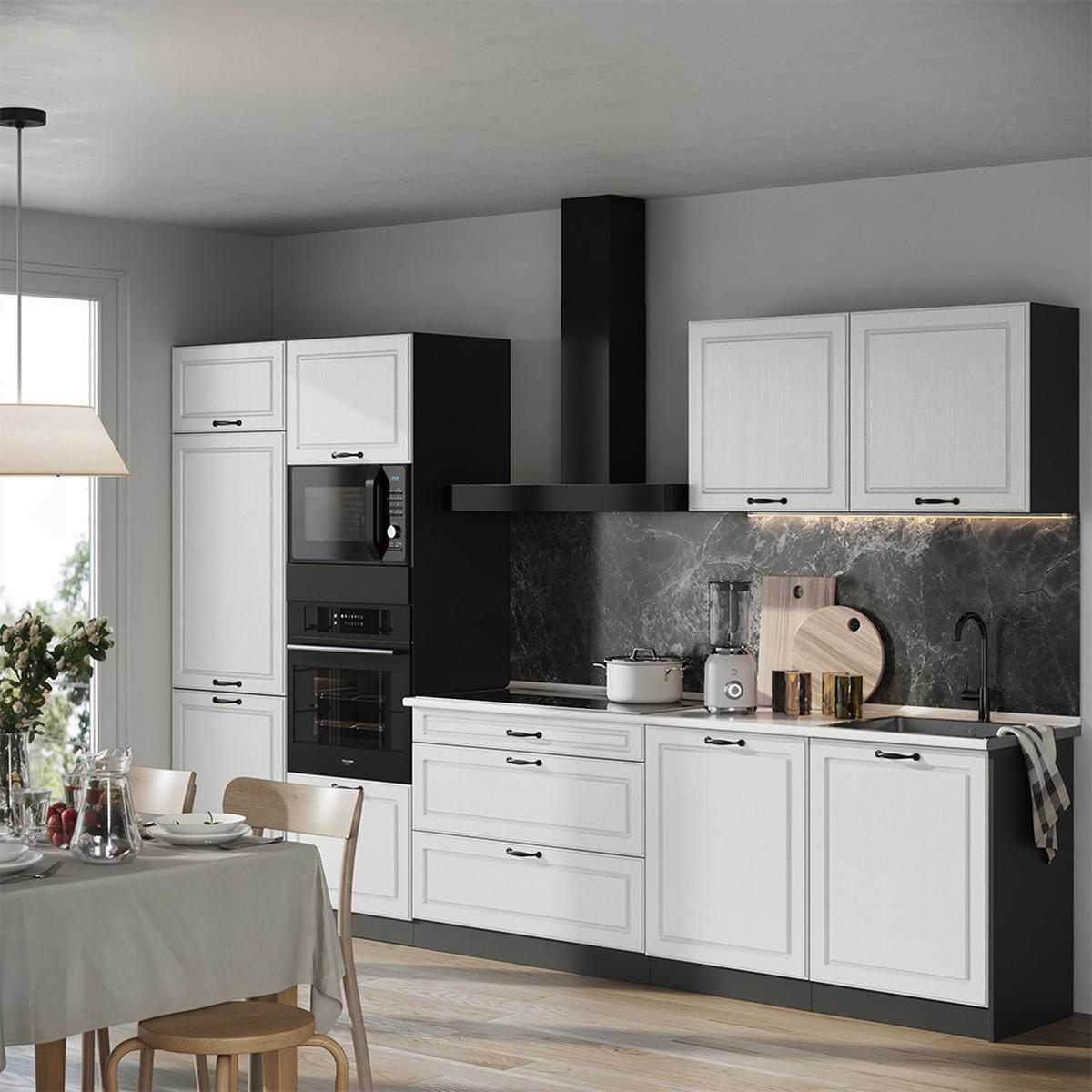 KÜCHENZEILE R-Line, Weiß Landhaus/Anthrazit, 340 cm Arbeitsplatte Anthrazit - Anthrazit/Weiß, Holzwerkstoff (340/206.8/60cm) - Vicco