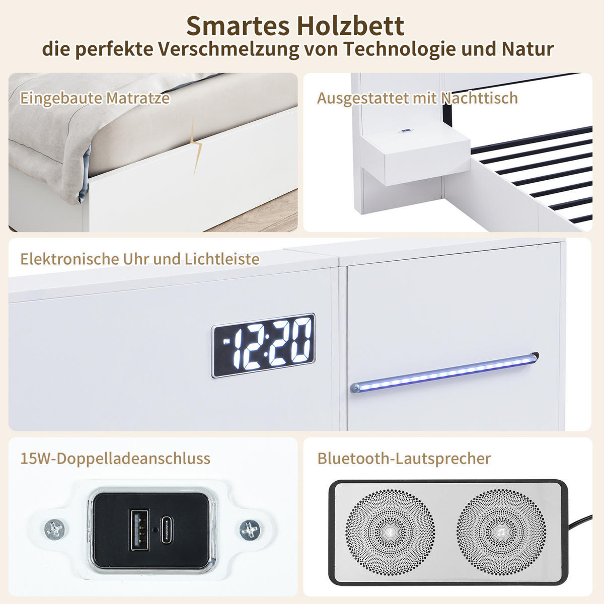 DOPPELBETT 180/200 cm mit Bluetooth-Lautsprechern, USB-A/USB-C, Uhr und Farblichtleiste, Weiß - Weiß, Holzwerkstoff (180/200cm) - Redom
