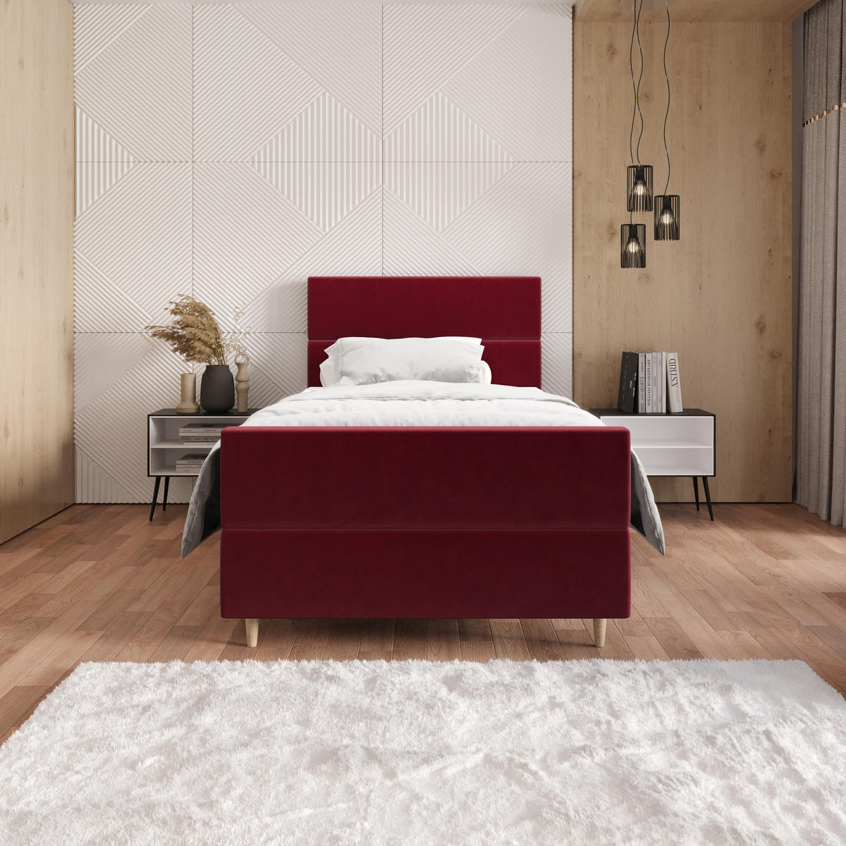 BOXBETT FLO PLUS 100x200 Itaka 34, mit Matratze H3, Bonell und Topper, Rot - Rot, Holz/Textil (100/200cm) - Bedante