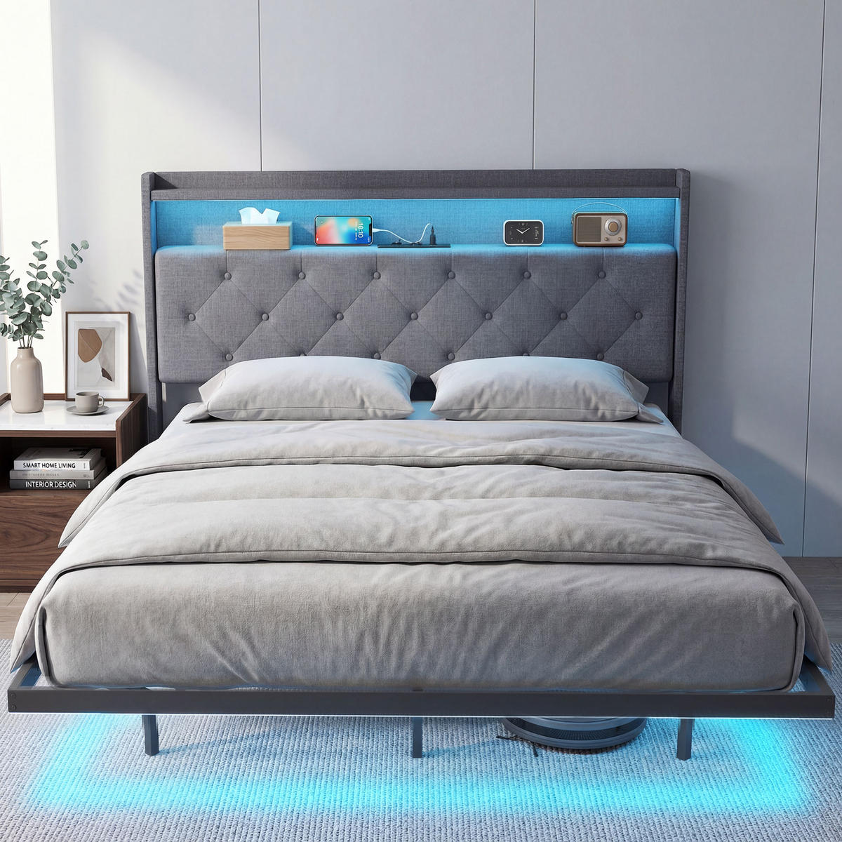BETT 140x190 cm DE-14674 fliegend mit LED & Ladestation Grau - Grau, Metall (140/190cm) - ComfortXL
