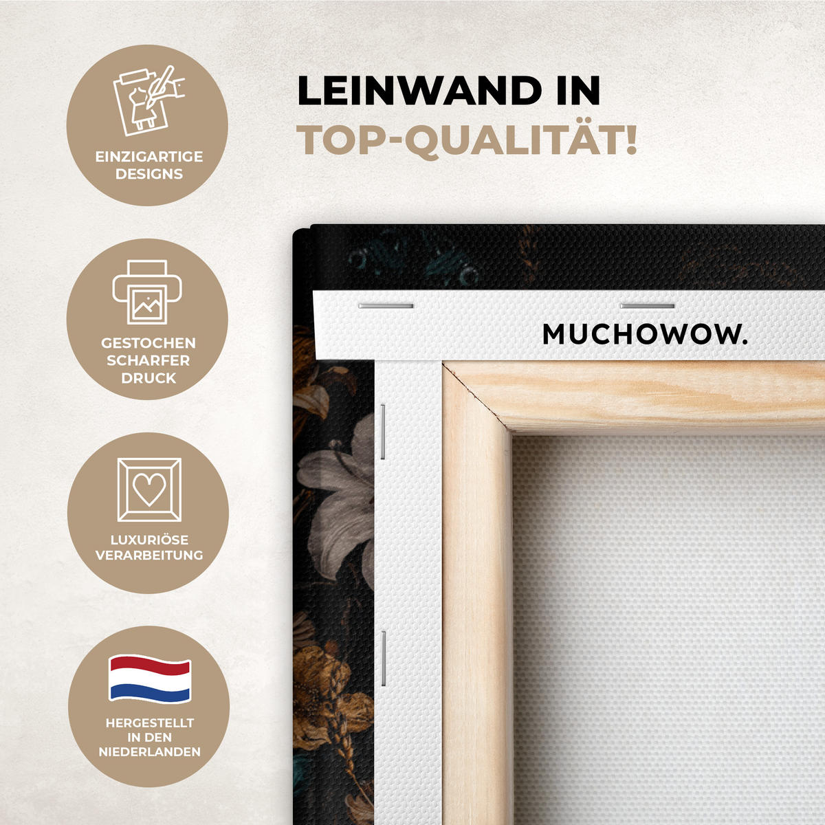 LEINWANDBILD Frau - Luxus - Blumen - Schmetterling - Porträt Wandbild Wohnzimmer 50x50 cm - Schwarz, Textil (50/50cm) - MuchoWow