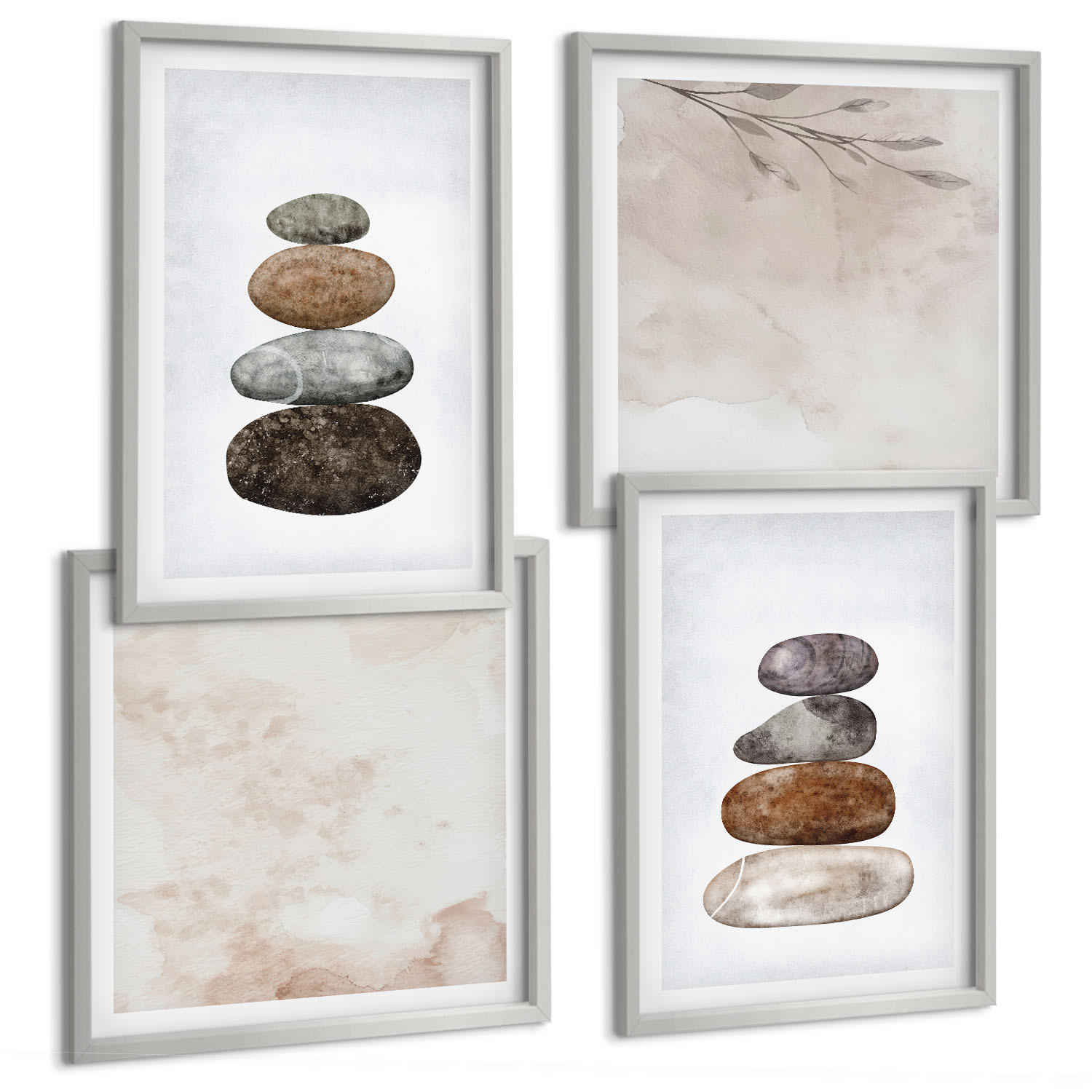 BILDER SET 4er Set - 50x50 cm & 40x60 cm Silberner Rahmen - Steinstapel-Boho-Malerei - Silberfarben, Kunststoff (50/50cm) - TULUP