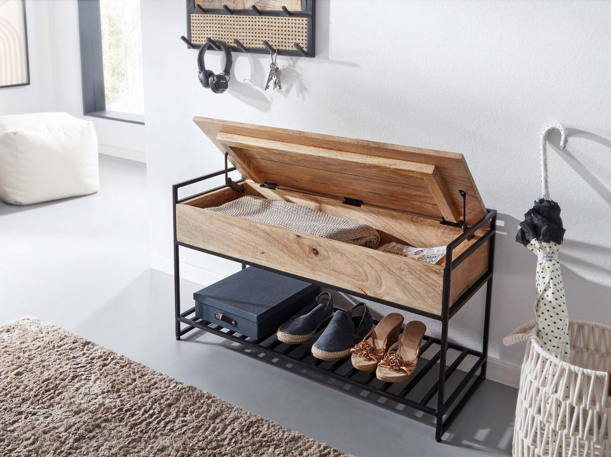 FLURBANK Holz Metall Sitzfläche hochklappbar, Beige 90x38x52 cm - Beige/Schwarz, Holz/Metall (90/52/38cm) - KADIMA DESIGN