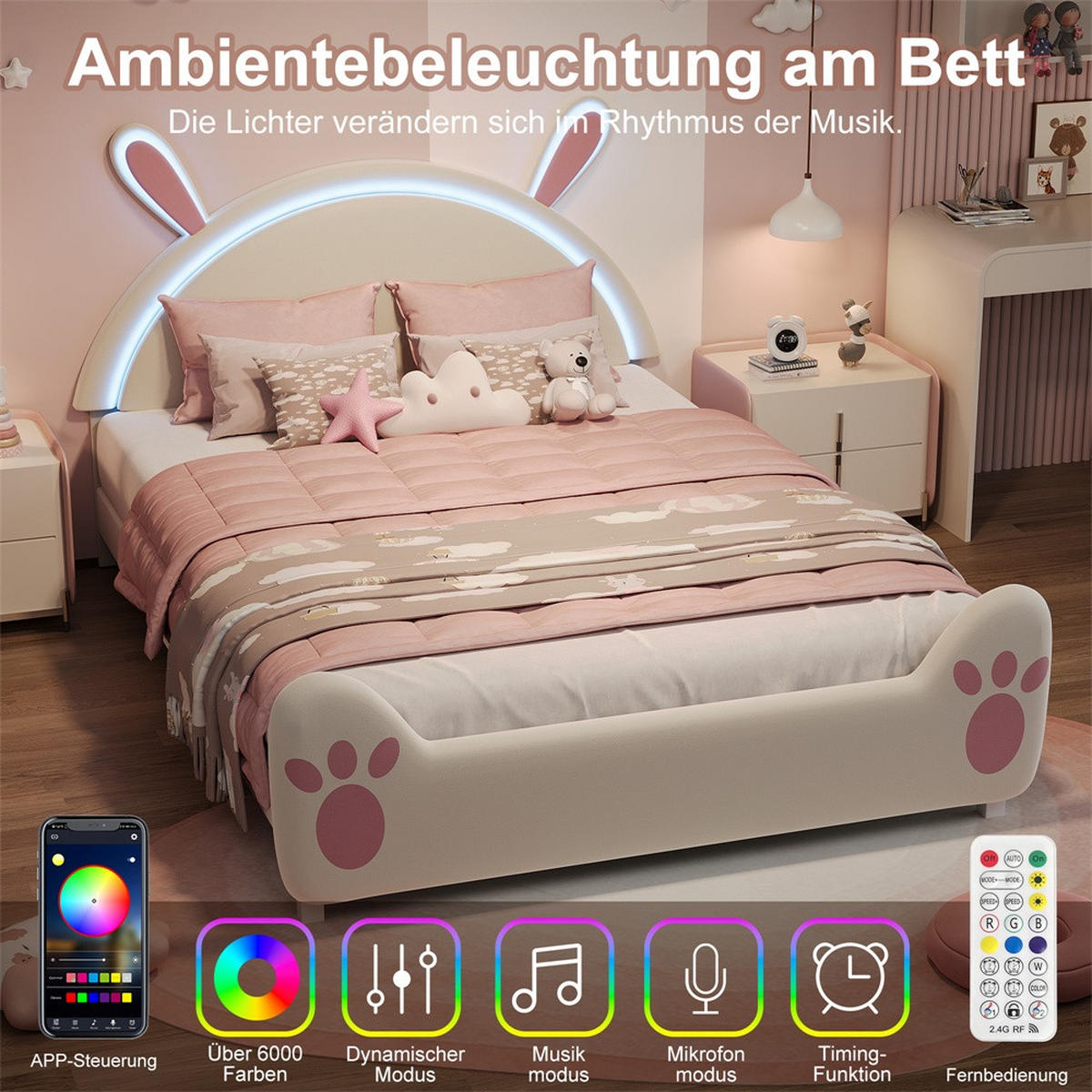 KINDERBETT 140x200 cm Hasenohr-Design mit LED-Beleuchtung und Pfotenmuster - ohne Matratze - Weiß und Rosa - Weiß, Textil (140/200cm) - DELFA