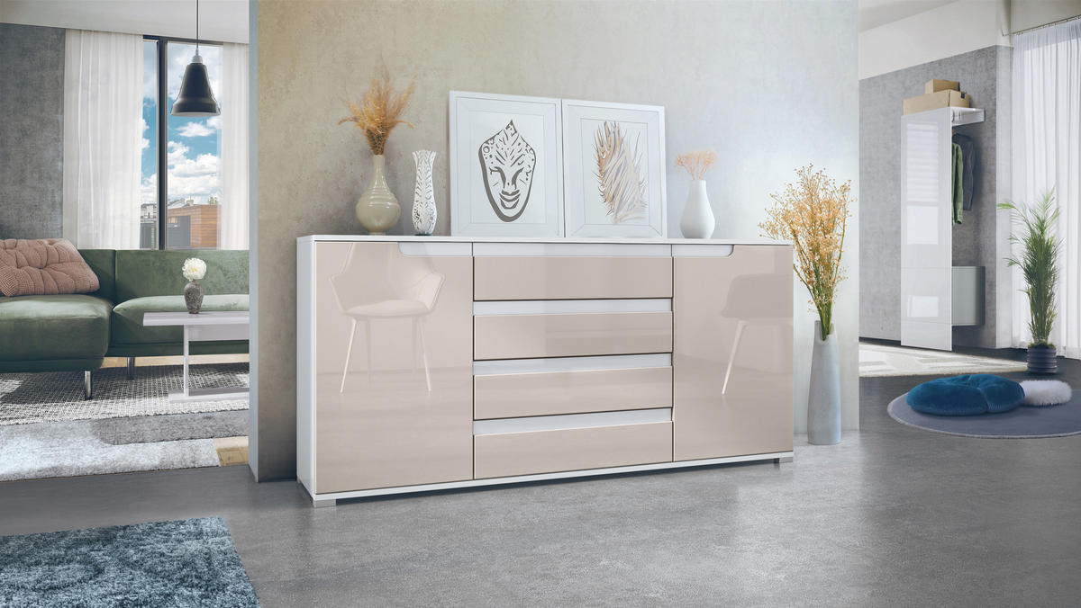 SIDEBOARD Sylt Sandgrau Hochglanz / Weiß Hochglanz - Sandfarben, Holzwerkstoff (166.5/75.5/35cm) - Vladon