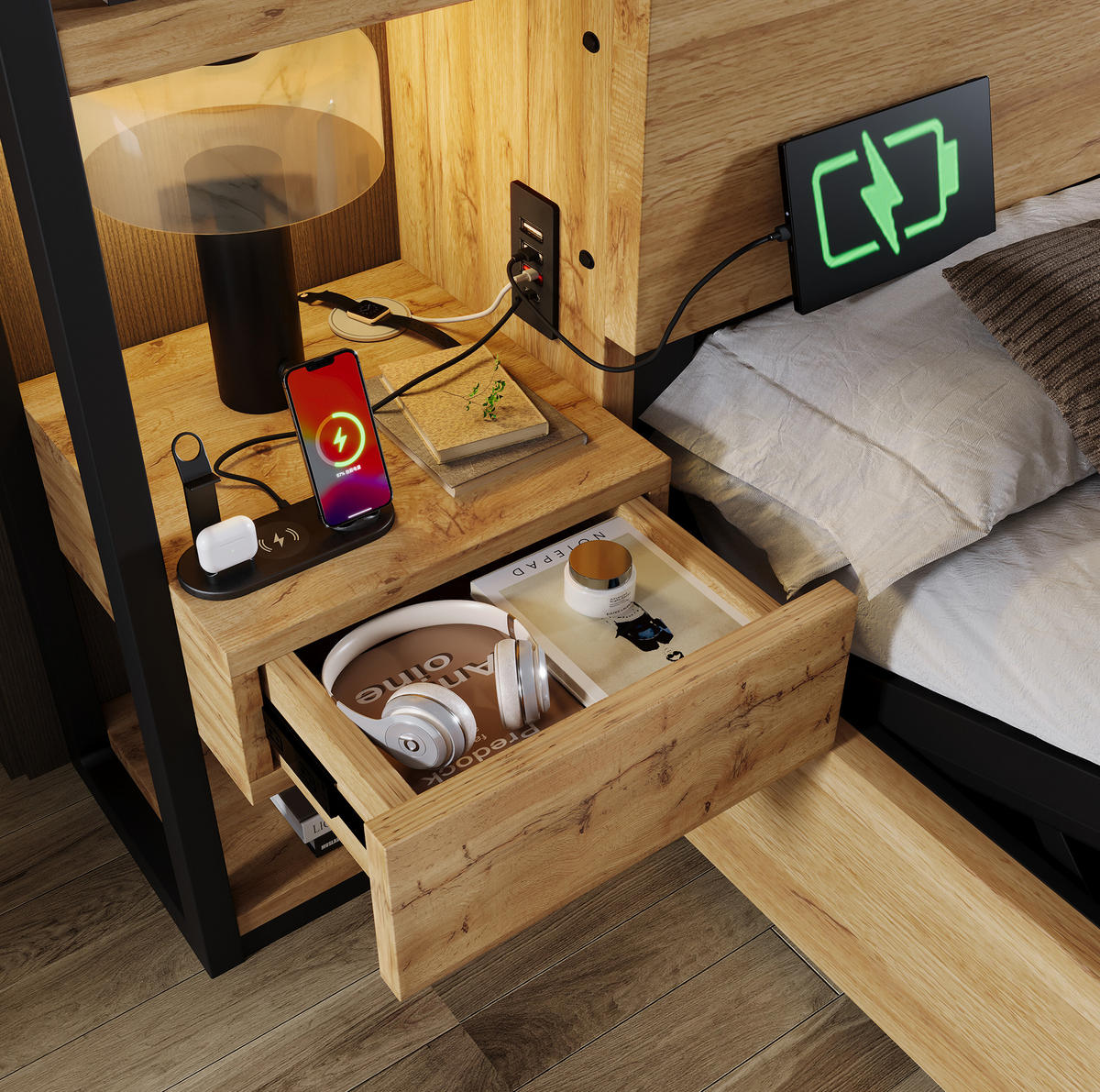 MANŽELSKÁ postel 160/200 cm dubová z MDF a kovu s úložným prostorem a USB nabíjením - barva dubu, kompozitní dřevo (160/200cm) - OKWISH