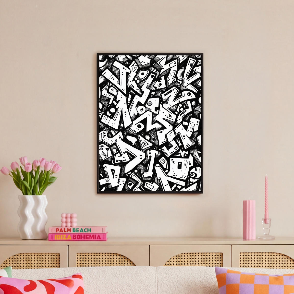 LEINWAND Bilder mit Rahmen - Formen - Buchstaben - Graffiti - Schwarz - 50x70 - Schwarz, Textil (50/70cm) - MuchoWow