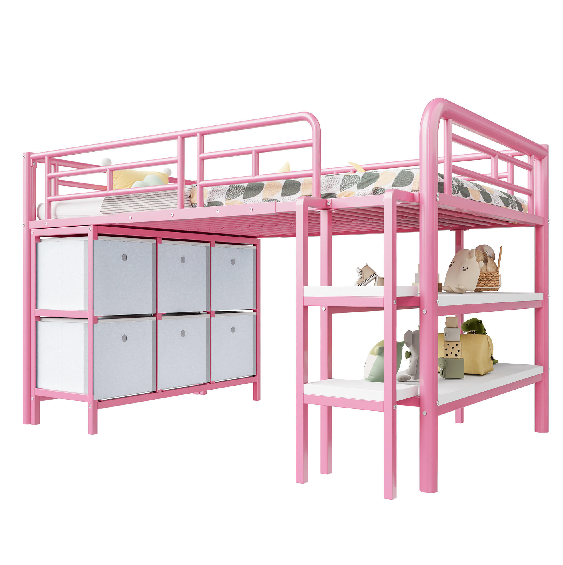 HOCHBETT aus MDF und Metall 90x200 cm Rosa mit Stauraum, breiten Stufen, Schubladen und Regalen - Rosa, Metall (90/200cm) - IVMEU