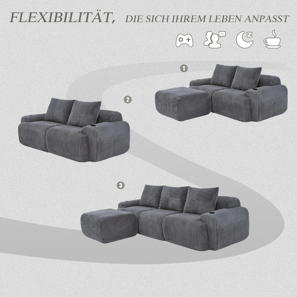 MODULARES Cordsofa 3-Sitzer mit Hocker Getränkehalter und Tasche 268/174/80 cm Dunkelgrau - Dunkelgrau, Textil (174/268cm) - Redom