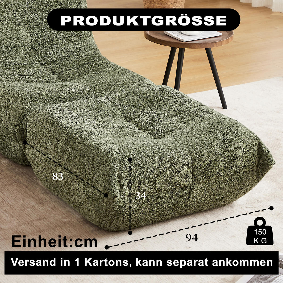SITZSACK Chenille Grün mit Kissen - Grün, Textil (94/34/83cm) - WISHDOR