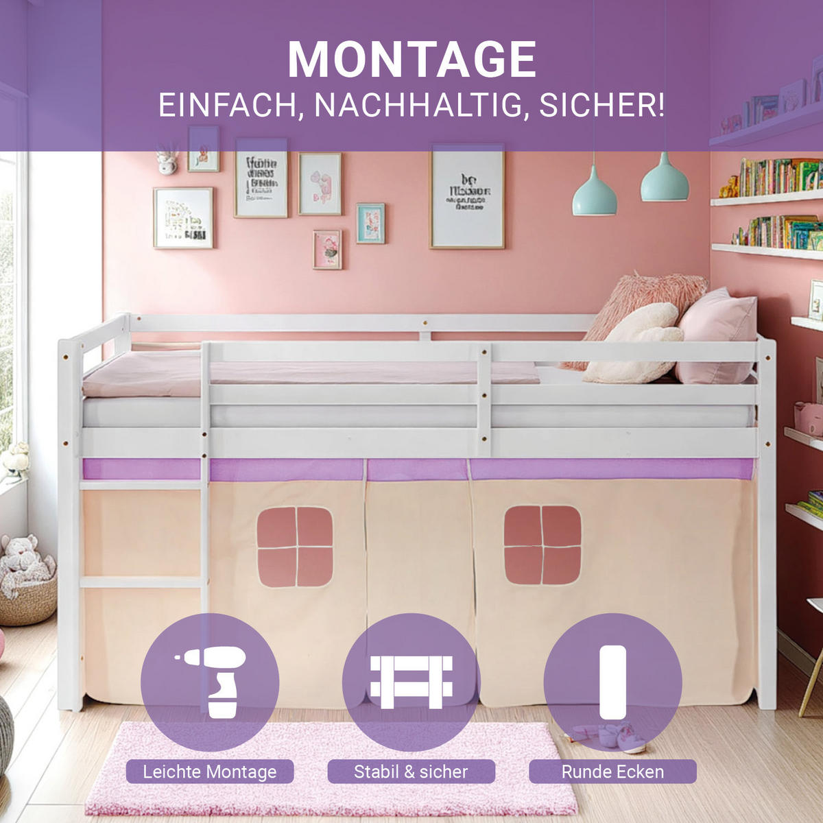 HOCHBETT 90/200 cm in weiß Bettvorhang peach - Lila/Weiß, Holz - Homestyle4u