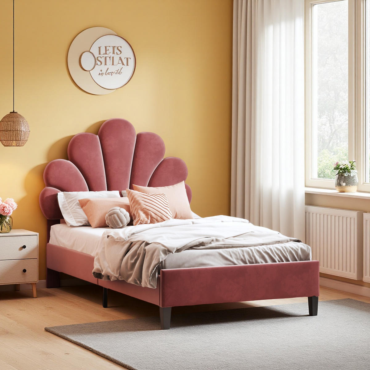 EINZELBETT 90x200 ROT SAMT BLUMENKOPFTEIL KINDERBETT - Rot, Metall (90/200cm) - SHOPENTRA