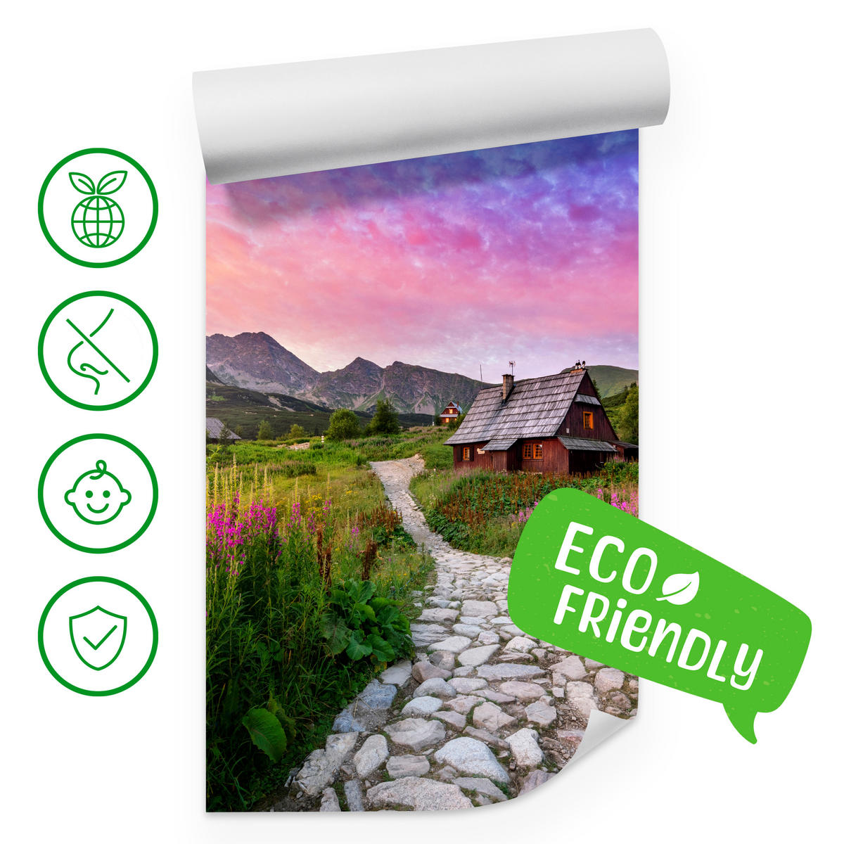 FOTOTAPETE für Schlafzimmer Berglandschaft Holzchalet Natur 150x105 - Beige/Violett, Papier (150/105cm) - Muralo