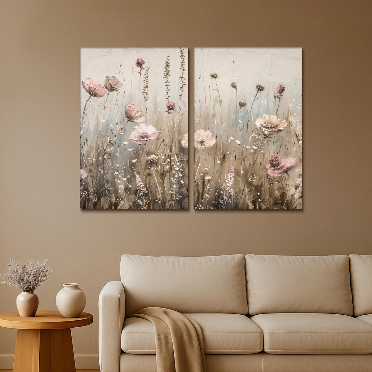 LEINWANDBILD 2er Set Blumen - Beige - Modern - Rosa 160x120 cm - Ecru, Textil (160/120cm) - MuchoWow