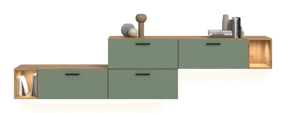 WOHNWAND inkl Beleuchtung Primo 5 tlg. (B/H/T: ca. 276/97/34 cm) in Artisan Oak /Smoke Green - Eiche Artisan, Holzwerkstoff (276/97/34cm)