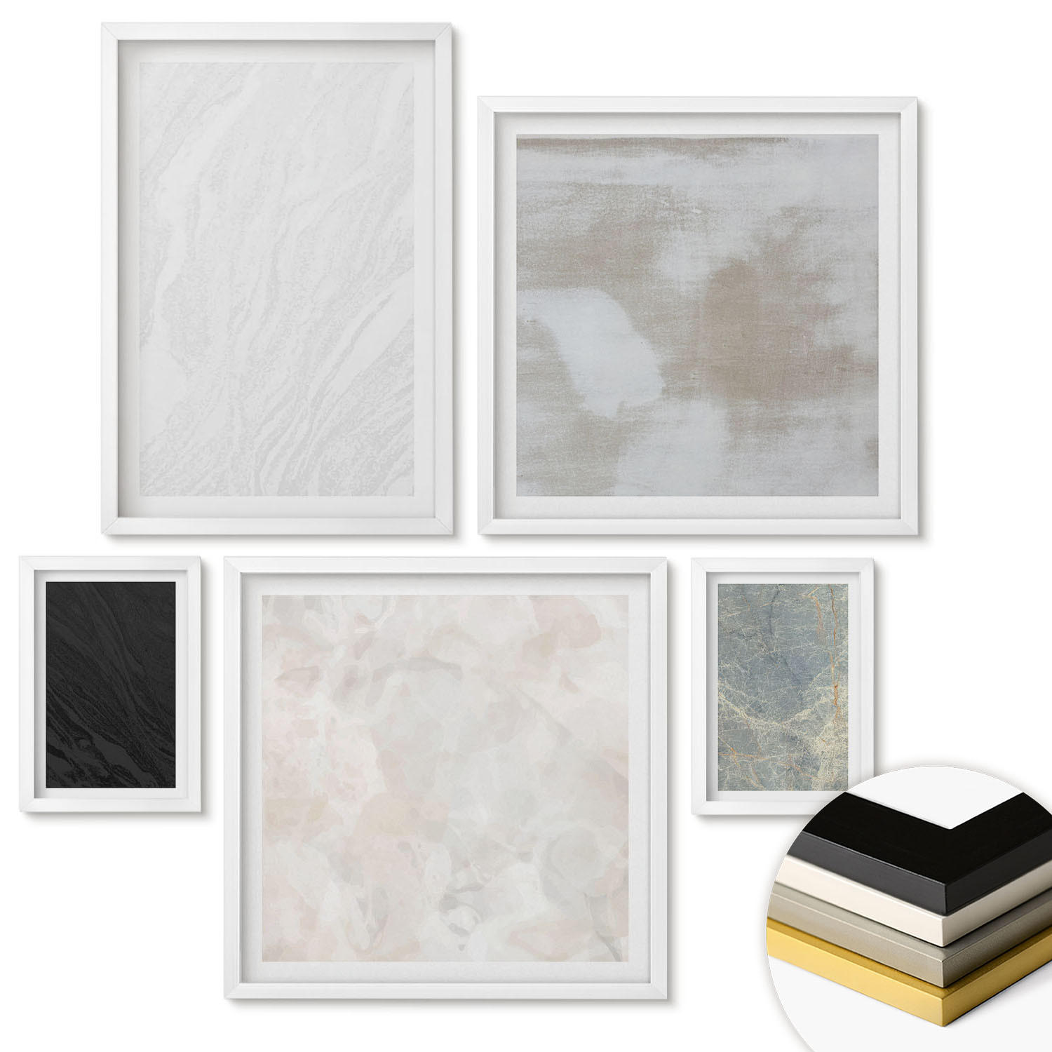 WANDBILDER 5er-Set - 50x50 cm & 20x30 cm & 40x60 cm Weißer Rahmen - Steintexturen - Weiß, Kunststoff (40/60cm) - ArtPrintCave