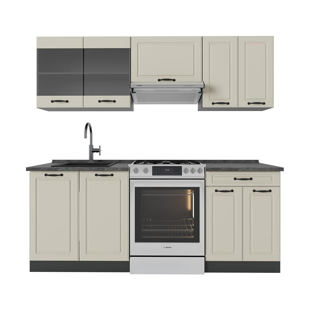 KÜCHENZEILE R-Line, Sand Landhaus/Anthrazit, 200 cm Arbeitsplatte Anthrazit - Beige/Anthrazit, Holzwerkstoff (200/81.6/60cm) - Vicco