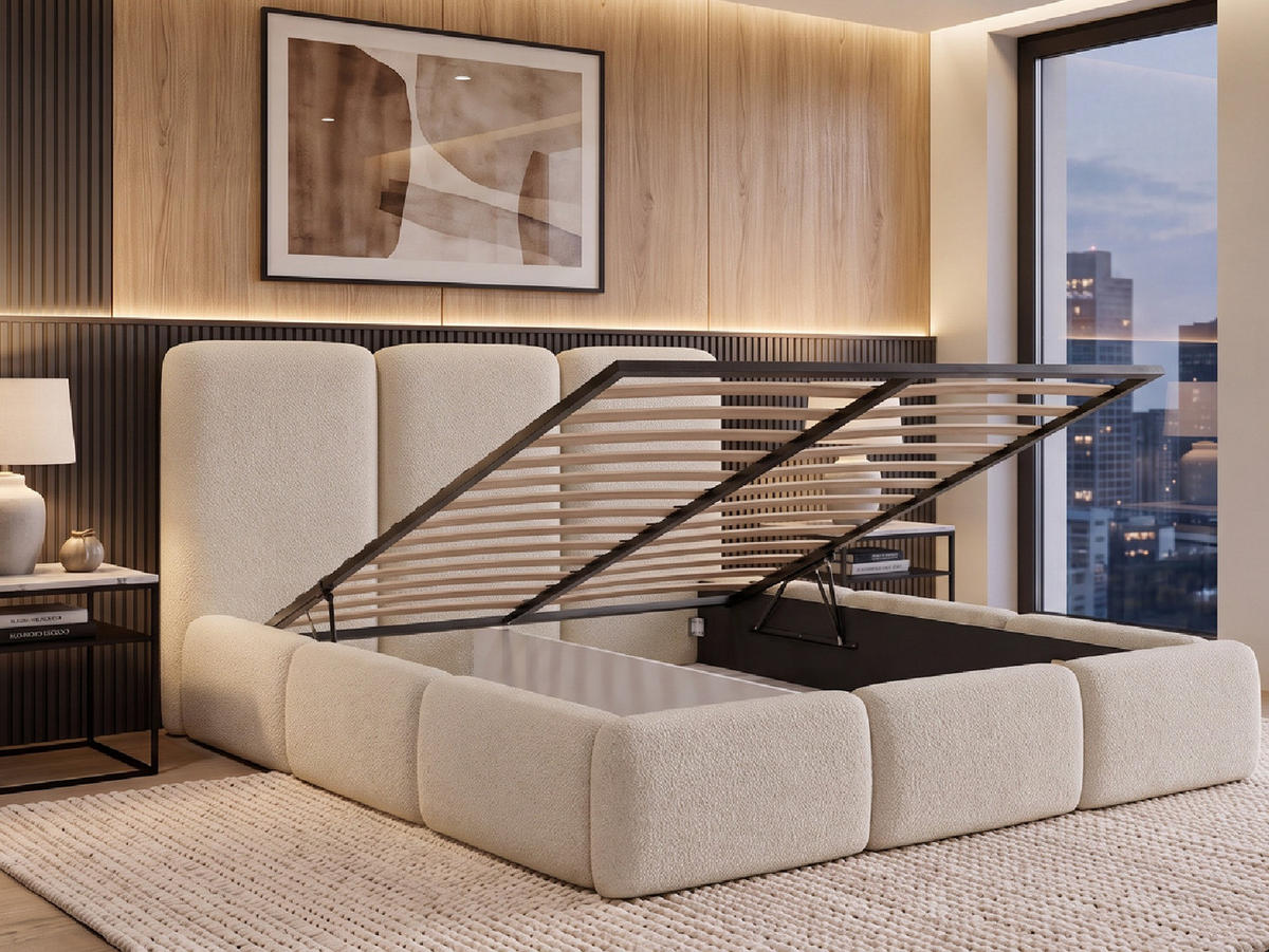 POLSTERBETT VARDO 180x200 cm mit Bettkasten, Stauraum und Metall-Lattenrost – Bouclé Stoff Creme - Creme/Schwarz, Textil/Metall (180/200cm) - Luxkor24