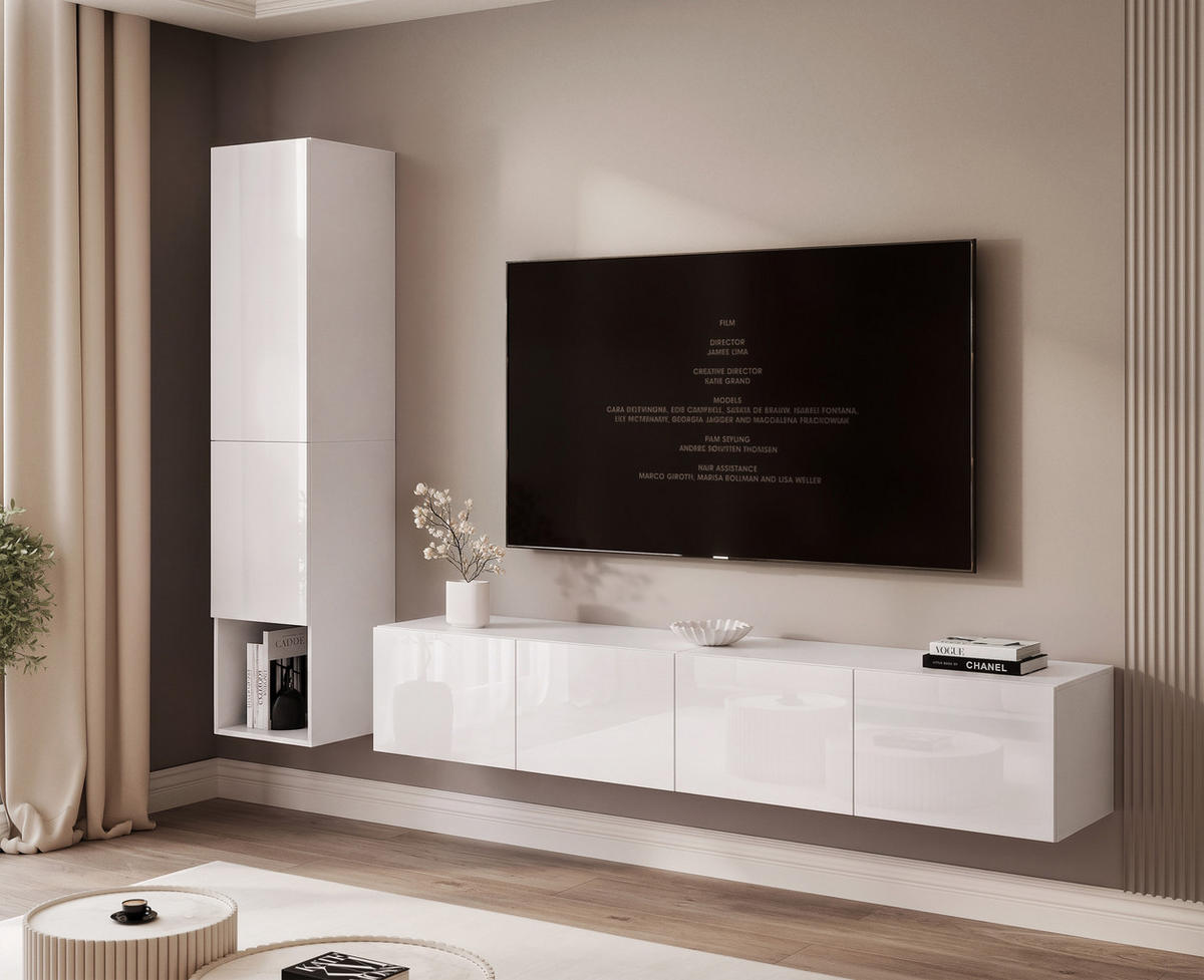 WOHNWAND ANGEL LINE I 2-teilig, mit LED-Beleuchtung, Weiß Hochglanz - Weiß Hochglanz, Holzwerkstoff (240/180/40cm) - Idohome