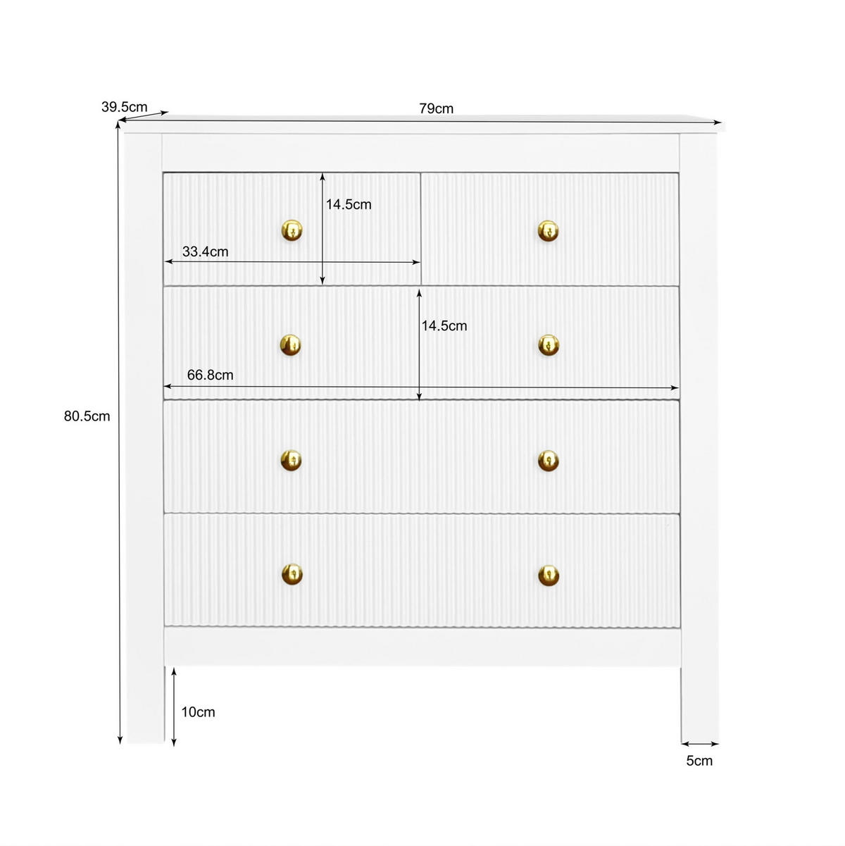 SIDEBOARD 79/39,5/80,5 cm aus Spanplatte mit 5 Schubladen und Goldgriffen Weiß - Weiß, Holzwerkstoff (79/80.5/39.5cm) - Modenvie
