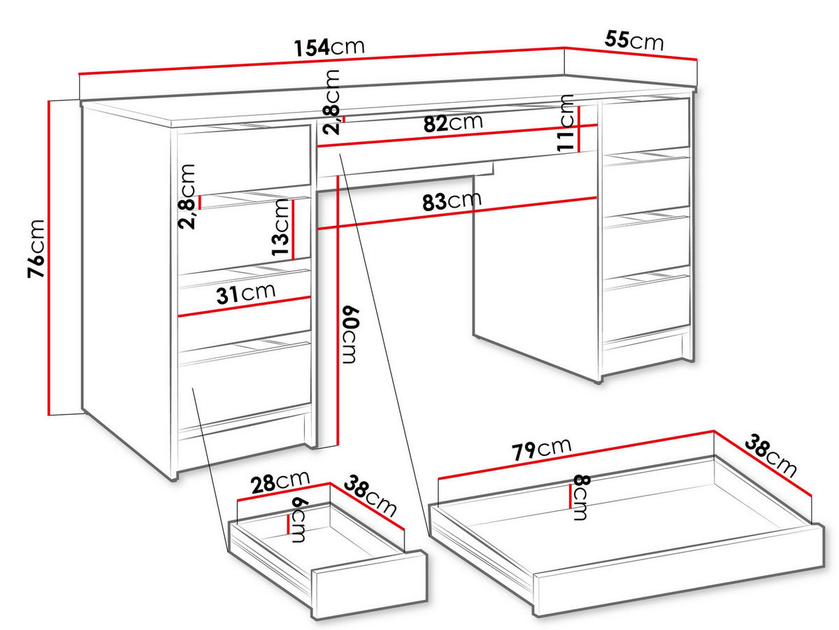 SCHREIBTISCH Ada Bis - Weiß, Holzwerkstoff (55/154/76cm) - MIRJAN24
