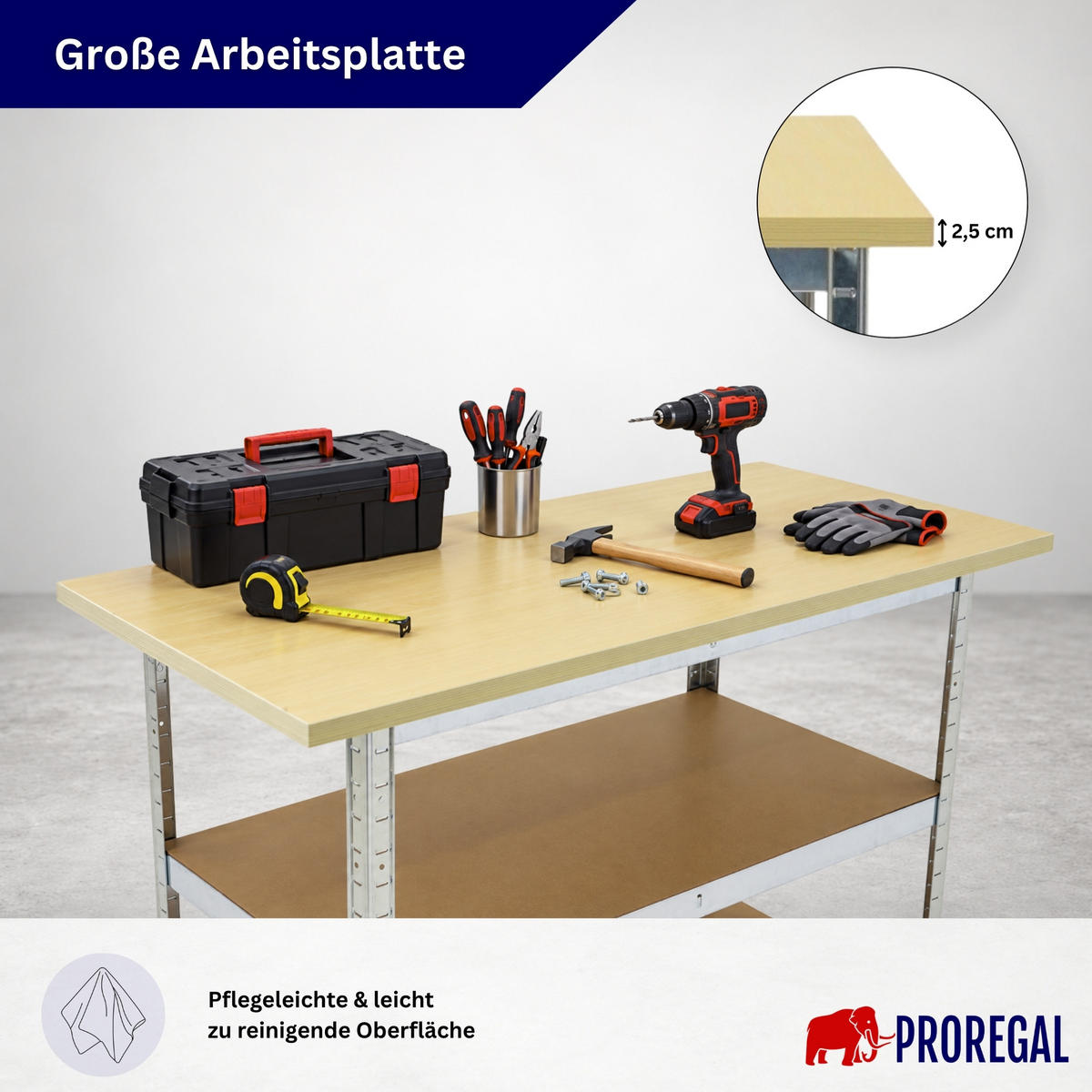 PROFI Werkbank TAURUS 1 Tischplatte + 2 Fachböden HxBxT 120x60x25cm Verzinkt - Zinkfarben, Metall (120/92.5/60cm) - PROREGAL