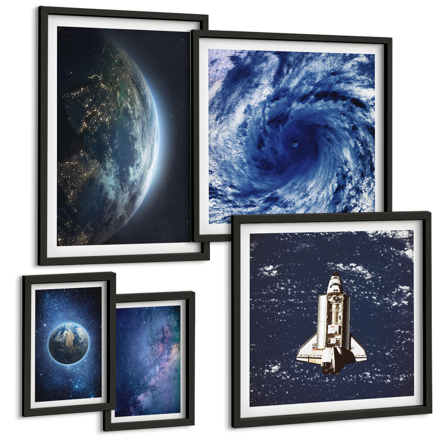 BILDER SET 5er Set - 50x50 cm & 20x30 cm & 40x60 cm Schwarzer Rahmen - Erde Weltraumsturm Galaxie - Schwarz, Kunststoff (40/60cm) - TULUP