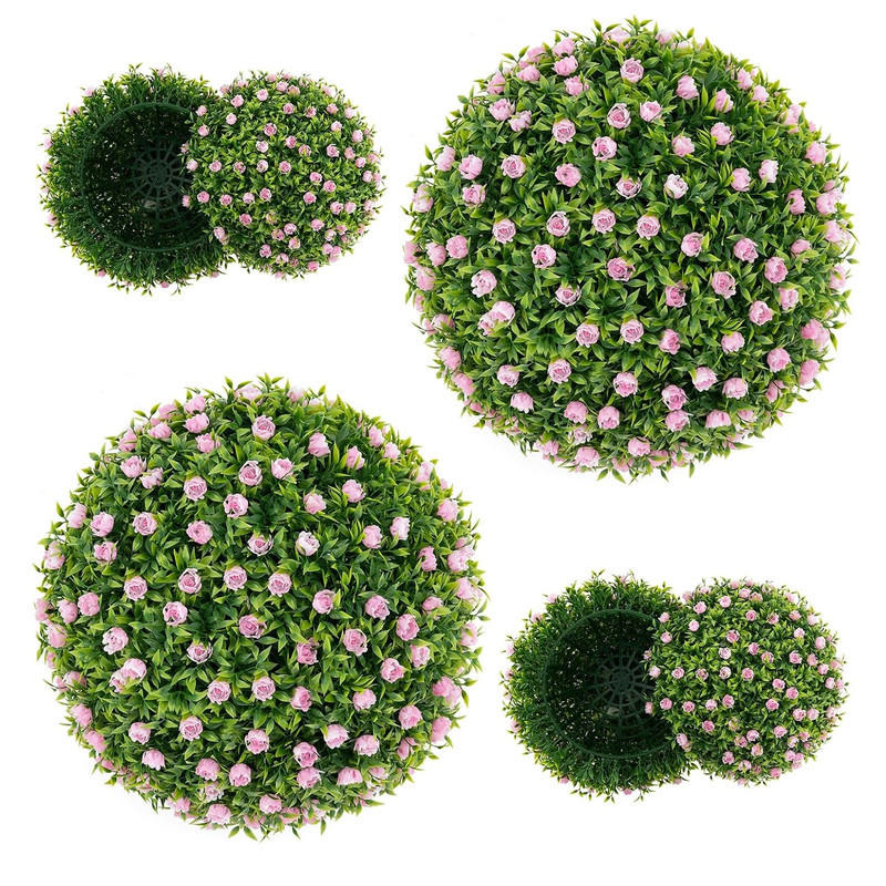 BUCHSBAUMKUGEL mit rosa Blumen grün(2er-Set) - Grün, Kunststoff (37cm) - COSTWAY