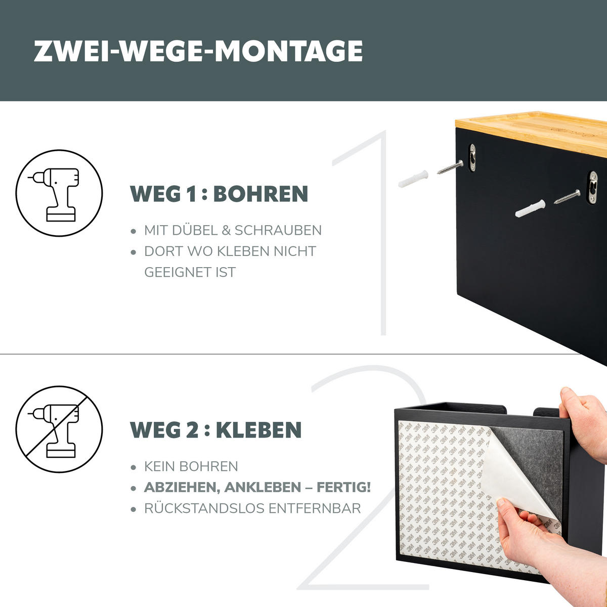 PAPIERHANDTUCHSPENDER mit Bambus-Einsatz - Schwarz, Holz (29/25/15cm) - eluno
