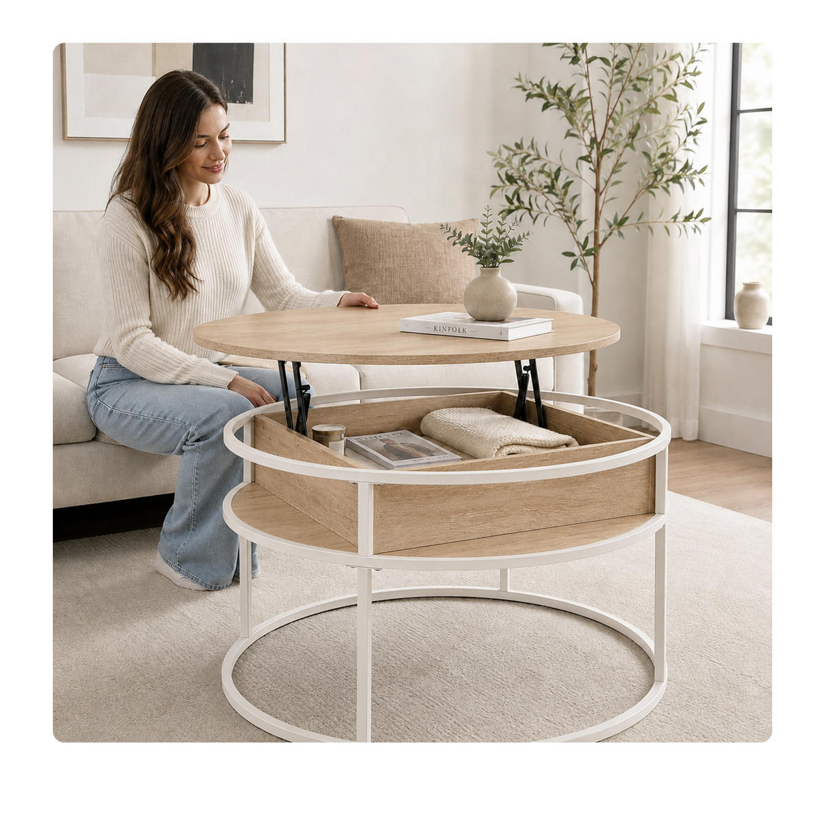 COUCHTISCH Weiß Beige Liftfunktion mit Stauraum - Beige, Holzwerkstoff/Metall (80/80/47cm) - Relaxdays