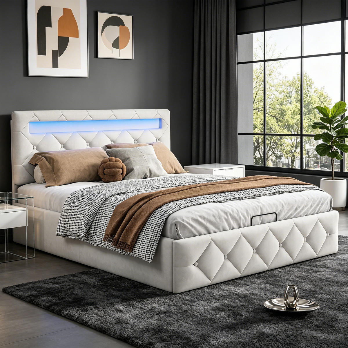 POLSTERBETT 140x200, Stauraumbett mit Bettkasten und Lattenrost, LED, Samt, beige - Beige, Holzwerkstoff/Textil (140/200cm) - GENKI LIVING