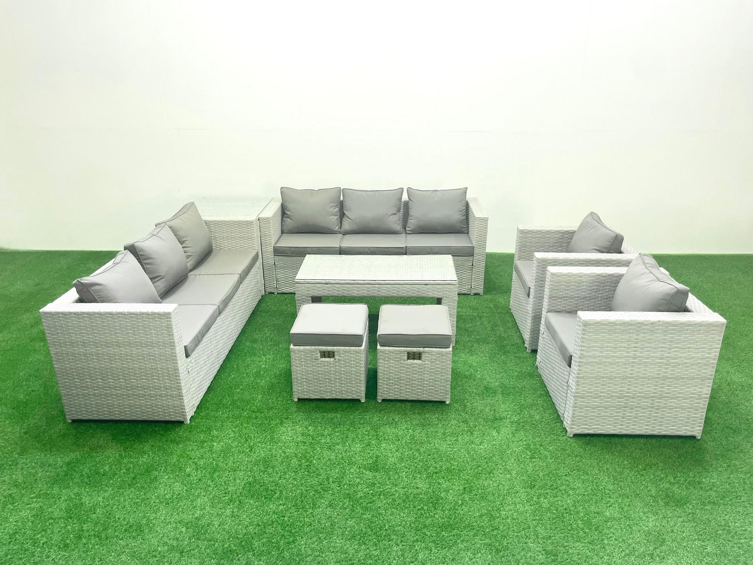 GARTENSOFA hohe Rückenlehne Polyrattan Hellgrau-Mix 10-Sitzer - Hellgrau/Grau, Glas/Kunststoff - Fimous