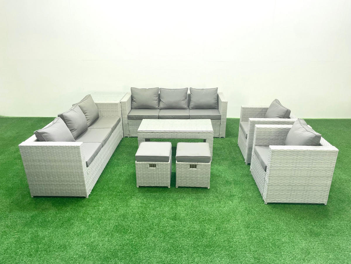 GARTENSOFA hohe Rückenlehne Polyrattan Hellgrau-Mix 10-Sitzer - Hellgrau/Grau, Glas/Kunststoff - Fimous