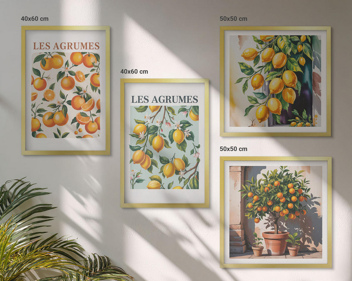 BILDER SET 4er Set - 50x50 cm & 40x60 cm Goldrahmen - Fruchtige Zitrusmuster - Goldfarben, Kunststoff (50/50cm) - TULUP