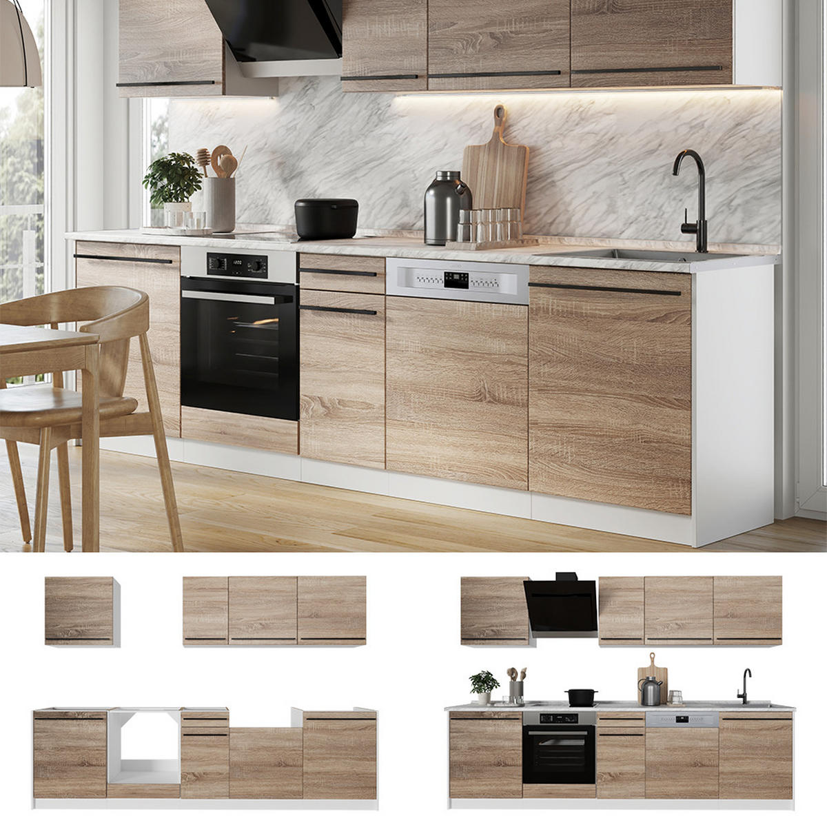 KÜCHENZEILE R-Line, Sonoma/Weiß, 280 cm Arbeitsplatte Marmor - Weiß/Sonoma Eiche, Holzwerkstoff (280/206.8/60cm) - Vicco