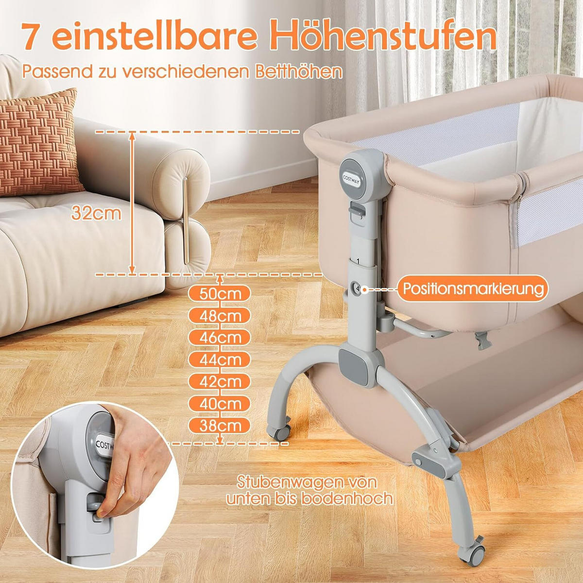 BABYWIEGE mit Matratze beige - Beige, Textil - COSTWAY