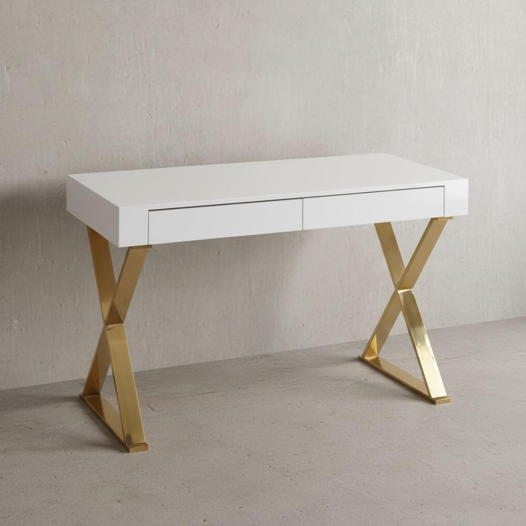 SCHREIBTISCH – Weiß Hochglanz, goldene Beine, 2 Schubladen, modern - Goldfarben/Weiß, Holz/Metall (57/118/76cm) - KADIMA DESIGN