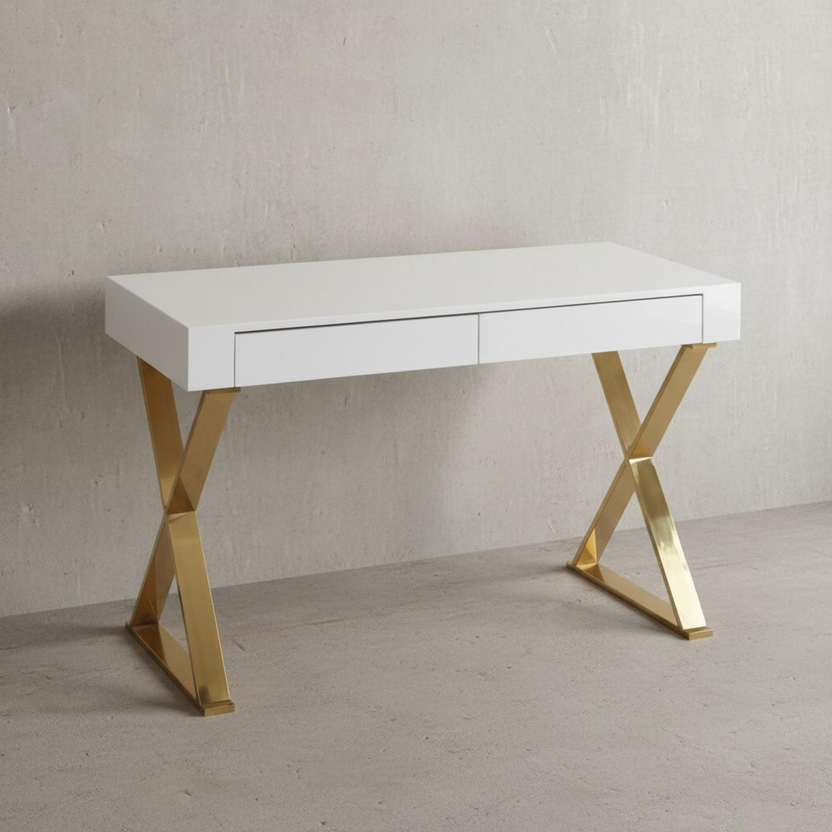 SCHREIBTISCH – Weiß Hochglanz, goldene Beine, 2 Schubladen, modern - Goldfarben/Weiß, Holz/Metall (57/118/76cm) - KADIMA DESIGN