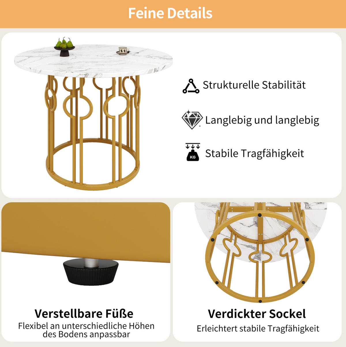 ESSTISCH 100x100x76 cm in Gold und Weiß aus MDF mit Metallbeinen - Weiß, Holzwerkstoff (100/100/76cm) - Modfu