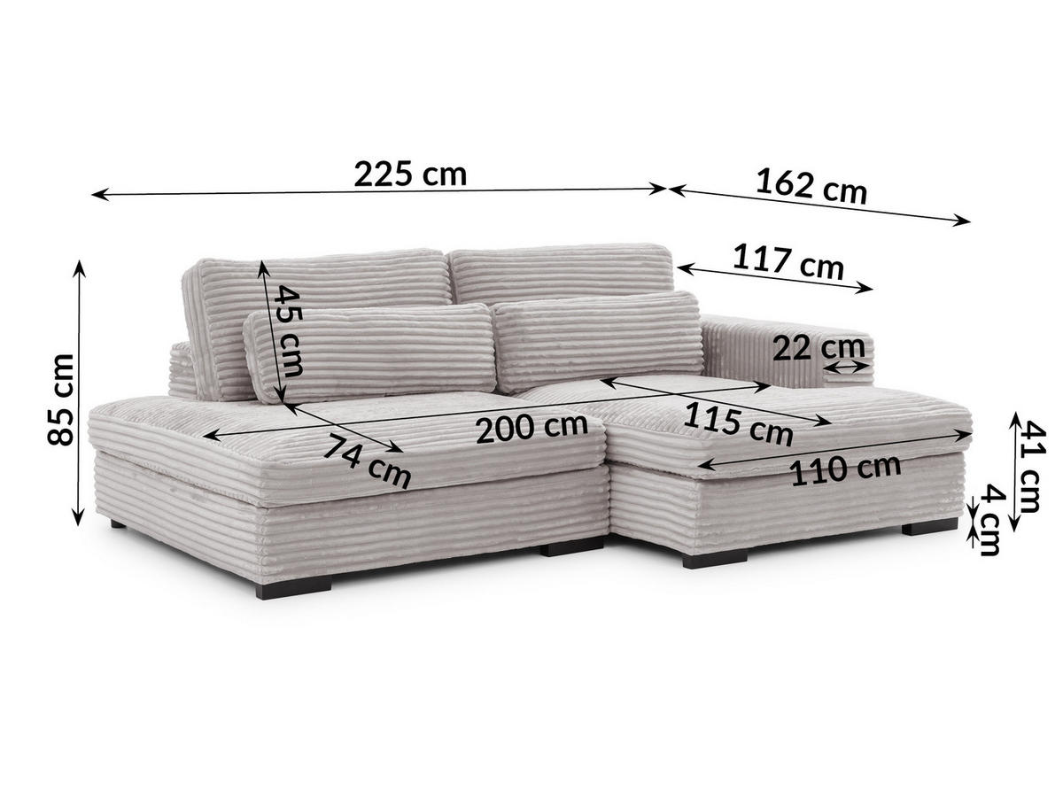 ECKSOFA Wolke mit tiefer Sitzfläche, Schlaffunktion und praktischem Bettkasten aus weichem Hellgrau Cordstoff - Hellgrau/Schwarz, Holz/Kunststoff (225/162cm) - S-Style