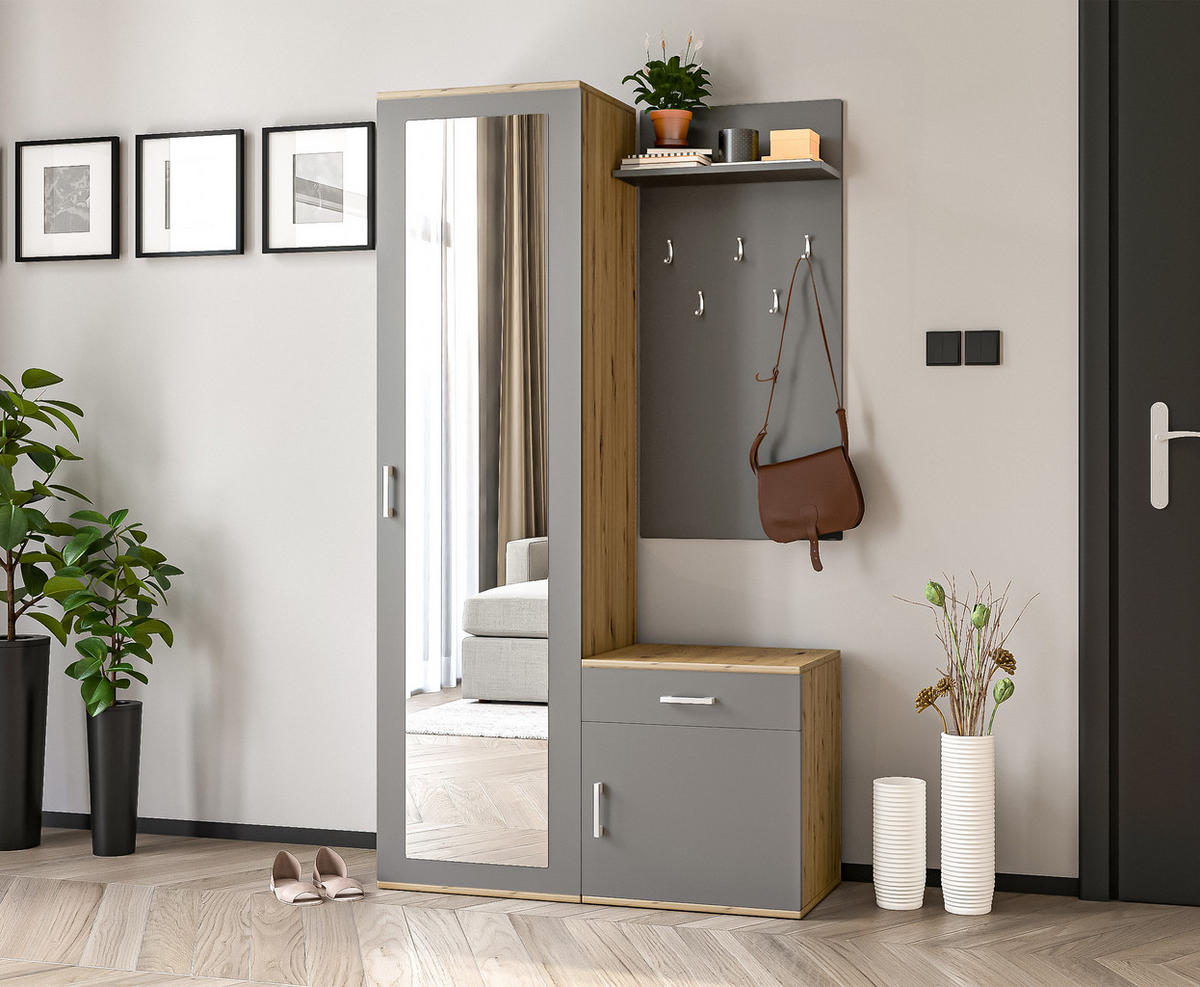 GARDEROBENSCHRANK Magnola Artisan Grau 100/180,5/35 cm – Modern, mit Spiegel und viel Stauraum - Hellbraun/Grau, Holzwerkstoff/Kunststoff (100/180.5/35cm) - AX Living