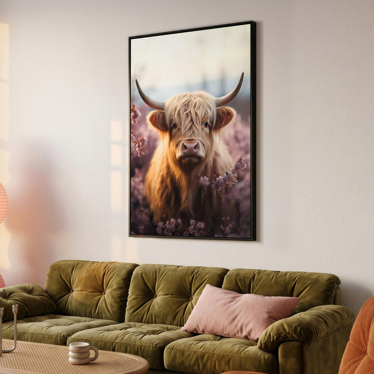 LEINWAND Bilder mit Rahmen - Schottischer Hochländer - Frühling - Hochland - 80x120 - Hellrosa, Textil (80/120cm) - MuchoWow