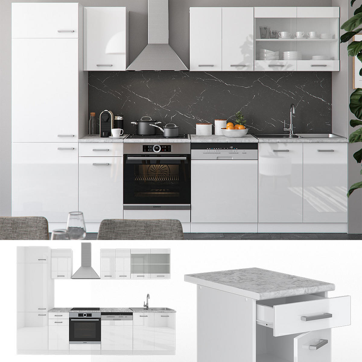 KÜCHE R-Line Weiß Hochglanz/Weiß 300 cm, AP Marmor - Weiß Hochglanz/Weiß, Holzwerkstoff (300/81.6/60cm) - Vicco