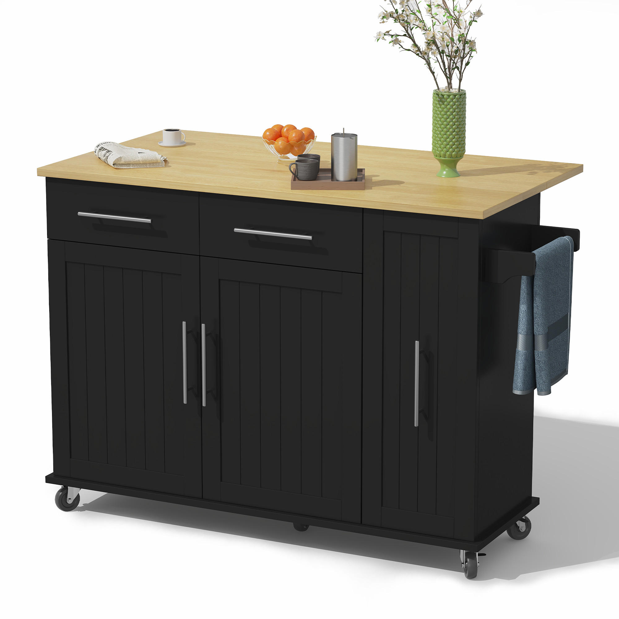 MOBILER Kücheninselwagen 120x65x90cm Schwarz mit Auszug, Klappplatte & 5 Rollen - Schwarz, Holzwerkstoff (120/90/65cm) - Modfu