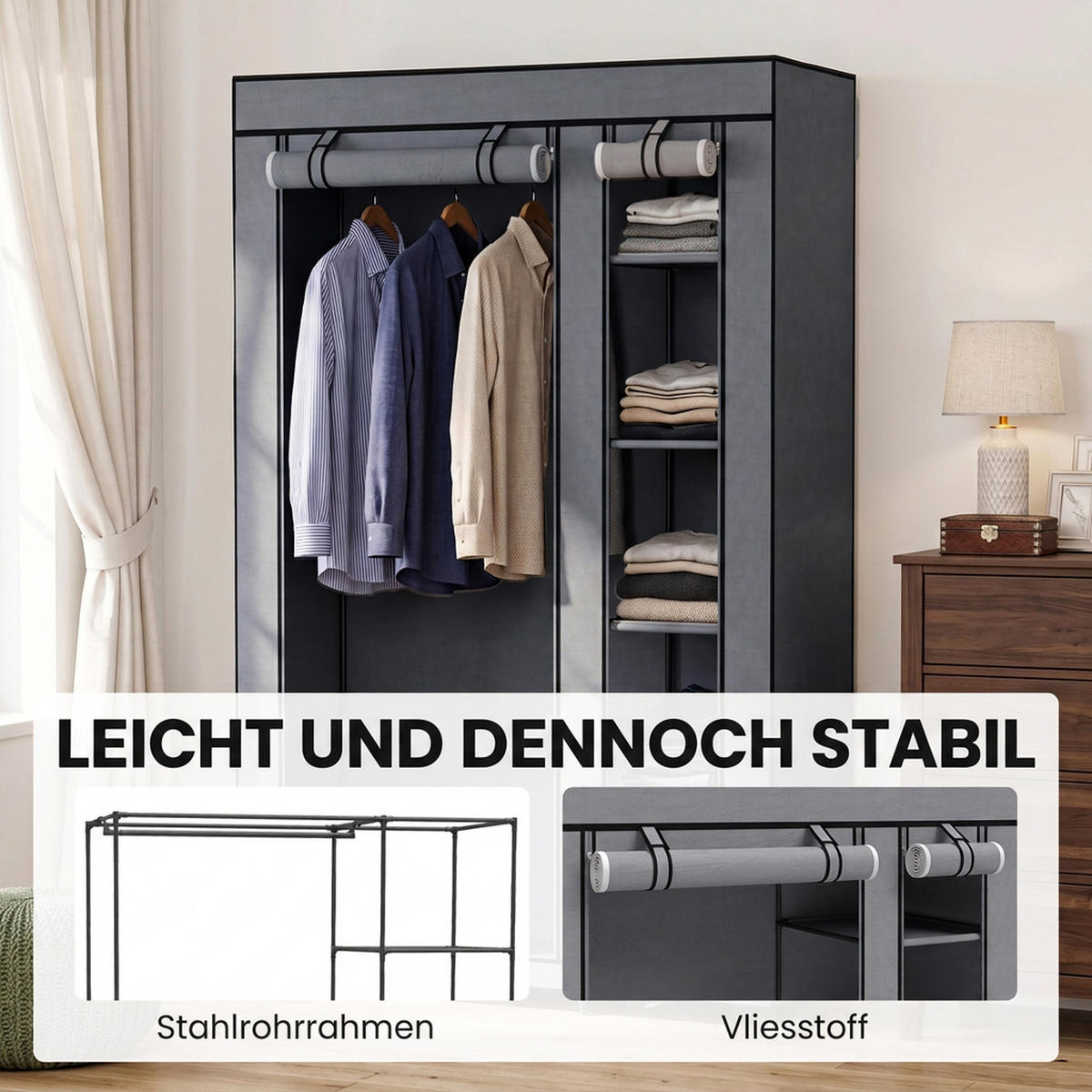 NETKANÁ textilie na šatní skříň ocelově šedá - šedá, kov/textil (45/175/110cm) - HOMCOM